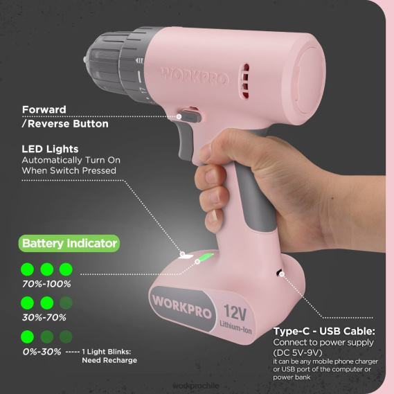 Juego de taladro y destornillador inalámbrico de 12 V con 6 puntas, portabrocas sin llave de 3/8 de pulgada, velocidad variable, configuración de 18 toques WORKPRO JDN8Z175 rosa/blanco herramienta