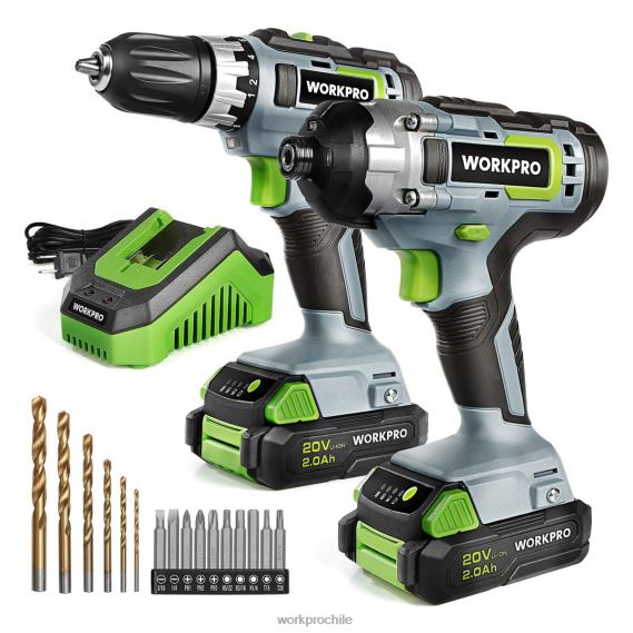 Kit combinado de taladro inalámbrico de 20 V, taladro atornillador y destornillador de impacto con 2 baterías de 2,0 Ah y cargador rápido de 1 hora WORKPRO JDN8Z169 útil herramienta