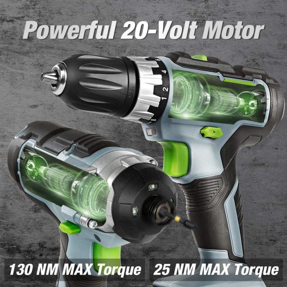 Kit combinado de taladro inalámbrico de 20 V, taladro atornillador y destornillador de impacto con 2 baterías de 2,0 Ah y cargador rápido de 1 hora WORKPRO JDN8Z169 útil herramienta