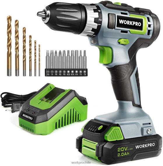 Kit de taladro/destornillador inalámbrico de velocidad variable de 20 V, ajuste de torsión 18+2, batería de iones de litio de 2,0 Ah y cargador rápido de 1 hora WORKPRO JDN8Z172 moderno herramienta