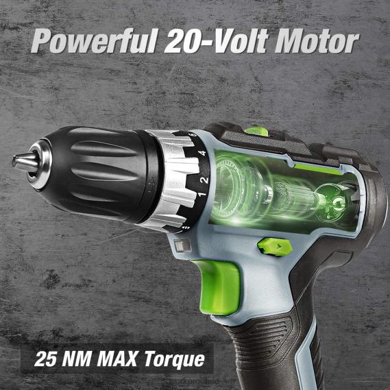 Kit de taladro/destornillador inalámbrico de velocidad variable de 20 V, ajuste de torsión 18+2, batería de iones de litio de 2,0 Ah y cargador rápido de 1 hora WORKPRO JDN8Z172 moderno herramienta
