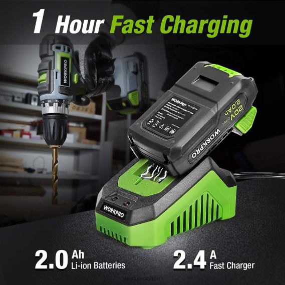 Kit de taladro/destornillador inalámbrico de velocidad variable de 20 V, ajuste de torsión 18+2, batería de iones de litio de 2,0 Ah y cargador rápido de 1 hora WORKPRO JDN8Z172 moderno herramienta