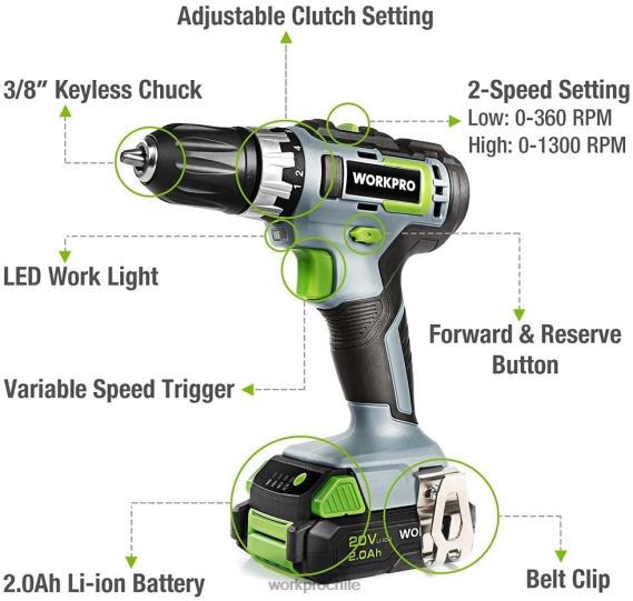 Kit de taladro/destornillador inalámbrico de velocidad variable de 20 V, ajuste de torsión 18+2, batería de iones de litio de 2,0 Ah y cargador rápido de 1 hora WORKPRO JDN8Z172 moderno herramienta