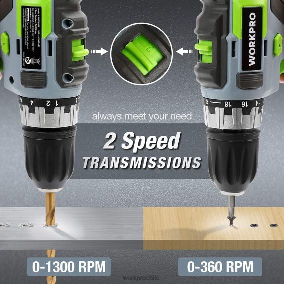 Kit de taladro/destornillador inalámbrico de velocidad variable de 20 V, ajuste de torsión 18+2, batería de iones de litio de 2,0 Ah y cargador rápido de 1 hora WORKPRO JDN8Z172 moderno herramienta