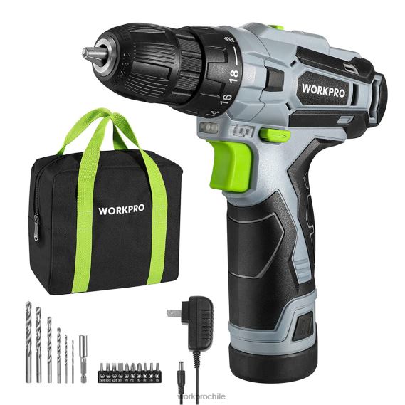 Kit taladro atornillador eléctrico inalámbrico de 12 V, portabrocas sin llave, cargador y bolsa de almacenamiento incluidos. WORKPRO JDN8Z177 verde herramienta
