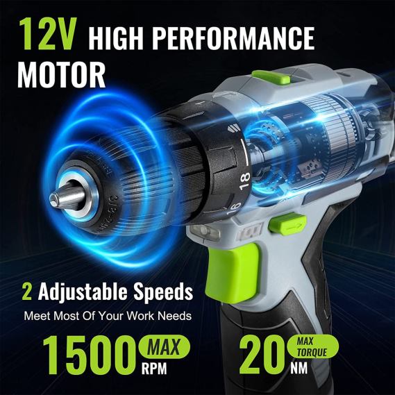 Kit taladro atornillador eléctrico inalámbrico de 12 V, portabrocas sin llave, cargador y bolsa de almacenamiento incluidos. WORKPRO JDN8Z177 verde herramienta