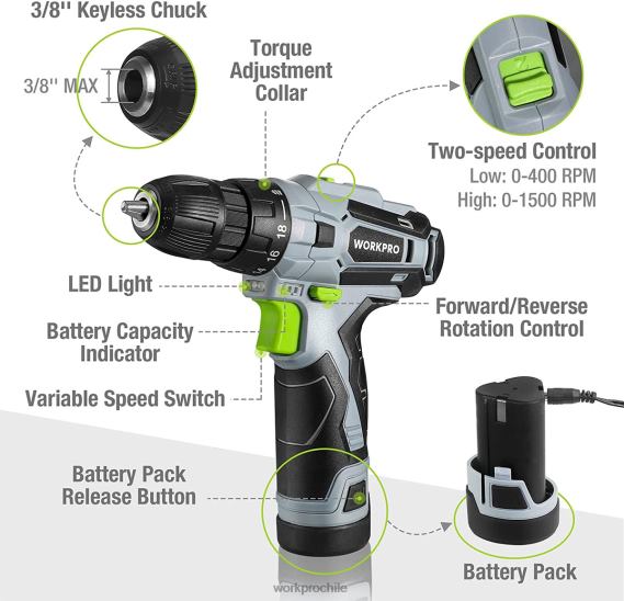 Kit taladro atornillador eléctrico inalámbrico de 12 V, portabrocas sin llave, cargador y bolsa de almacenamiento incluidos. WORKPRO JDN8Z177 verde herramienta