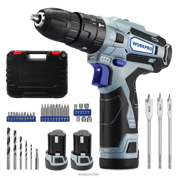 Kit taladro atornillador inalámbrico 12v 2 velocidades, 2 baterías li-ion 2000 mah y cargador rápido WORKPRO JDN8Z168 moderno herramienta