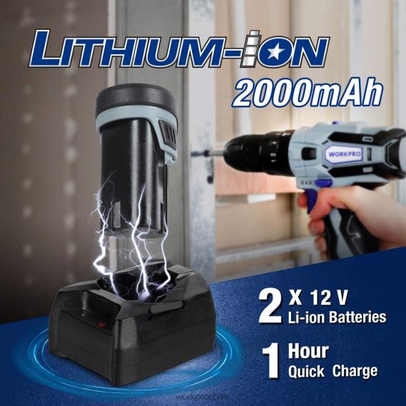 Kit taladro atornillador inalámbrico 12v 2 velocidades, 2 baterías li-ion 2000 mah y cargador rápido WORKPRO JDN8Z168 moderno herramienta