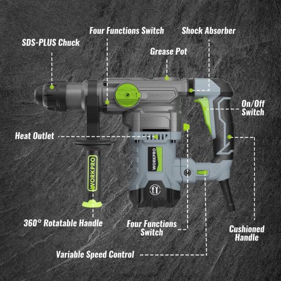 Taladro percutor rotativo sds-plus premium de 12,5 amperios y 1-1/4 pulgadas, versión con cable de alta resistencia WORKPRO JDN8Z179 útil herramienta