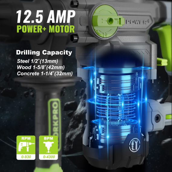 Taladro percutor rotativo sds-plus premium de 12,5 amperios y 1-1/4 pulgadas, versión con cable de alta resistencia WORKPRO JDN8Z179 útil herramienta