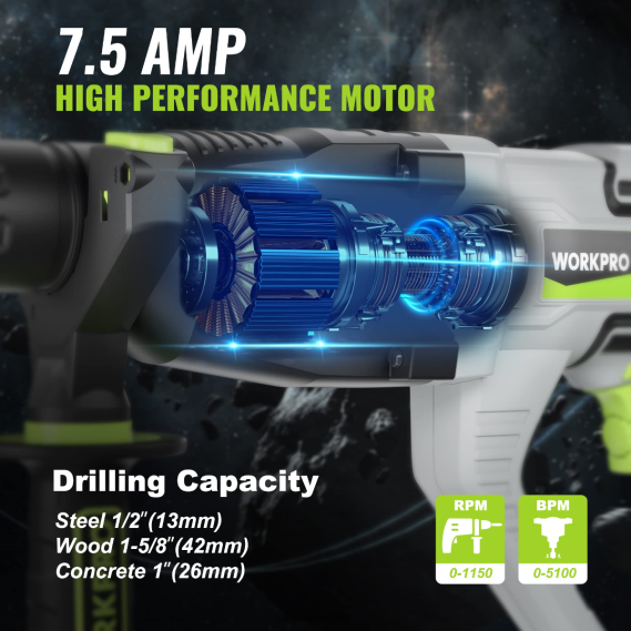 Taladro percutor rotativo sds-plus premium de 7,5 amperios y 1-1/4 pulgadas, versión ligera con cable WORKPRO JDN8Z178 útil herramienta