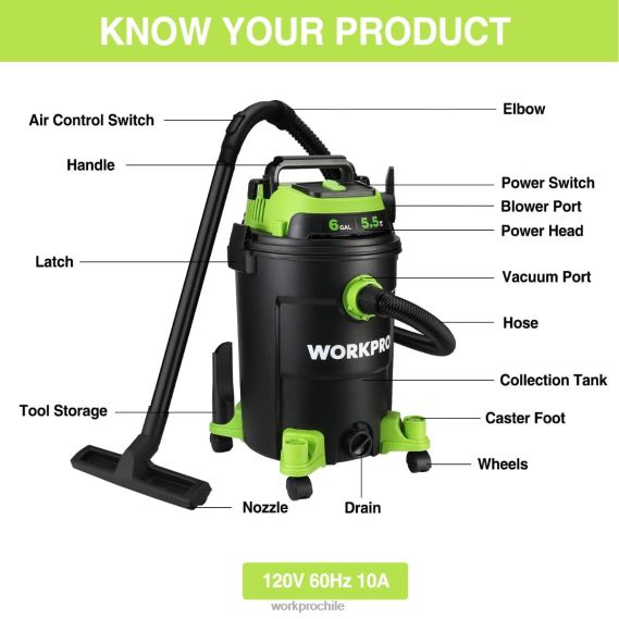 Aspiradora de taller de 6 galones, aspiradora de taller de 5,5 caballos de fuerza máxima con manguera de filtro hepa y accesorios WORKPRO JDN8Z215 útil herramienta