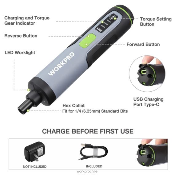 Destornillador eléctrico 4v, juego de destornilladores inalámbricos recargables con luz led WORKPRO JDN8Z232 útil herramienta