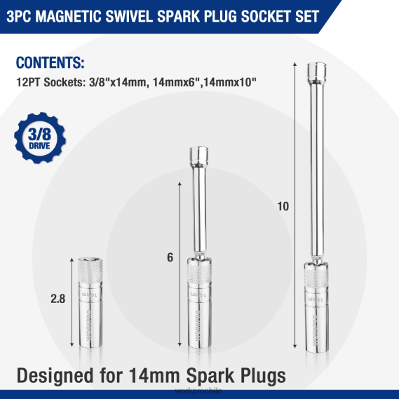 Juego de 3 enchufes de pared delgados de 14 mm con extensiones de 6 y 10 pulgadas Juego de enchufes para bujías giratorios magnéticos WORKPRO JDN8Z143 útil herramienta