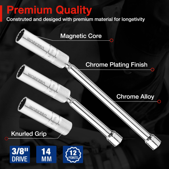 Juego de 3 enchufes de pared delgados de 14 mm con extensiones de 6 y 10 pulgadas Juego de enchufes para bujías giratorios magnéticos WORKPRO JDN8Z143 útil herramienta