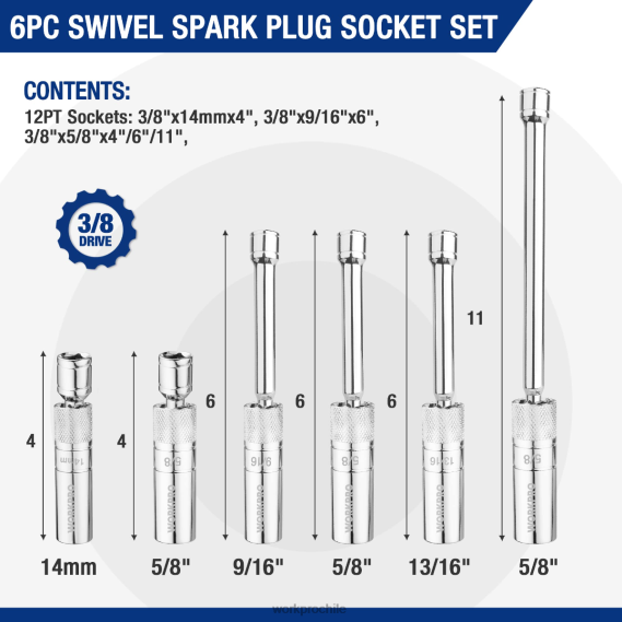 Juego de 6 enchufes de pared delgados de 9/16 pulgadas, 5/8 pulgadas, 13/16 pulgadas y 14 mm con extensiones de 4, 6 y 11 pulgadas, juego de enchufes giratorios magnéticos para bujías WORKPRO JDN8Z139