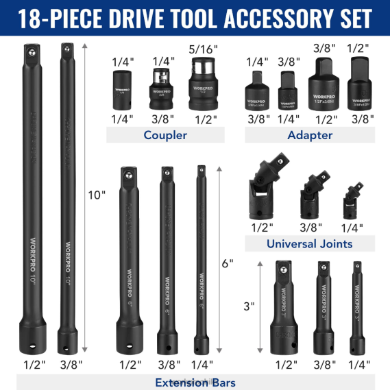 Juego de accesorios para herramientas de accionamiento de 18 piezas WORKPRO JDN8Z137 moderno herramienta