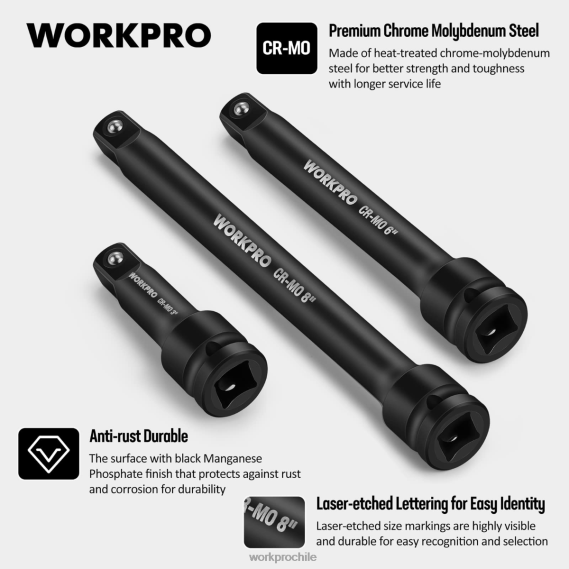 Juegos de barras de extensión de impacto de 3 piezas: 3, 6, 8 pulgadas y 1/2 pulgada WORKPRO JDN8Z202 útil herramienta