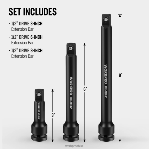 Juegos de barras de extensión de impacto de 3 piezas: 3, 6, 8 pulgadas y 1/2 pulgada WORKPRO JDN8Z202 útil herramienta