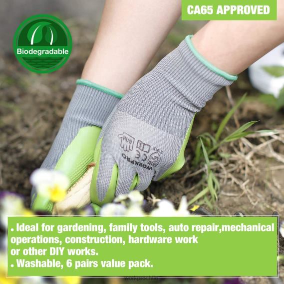 6 pares de guantes de trabajo de jardín con palma recubierta de látex ecológico. WORKPRO JDN8Z275 útil herramienta