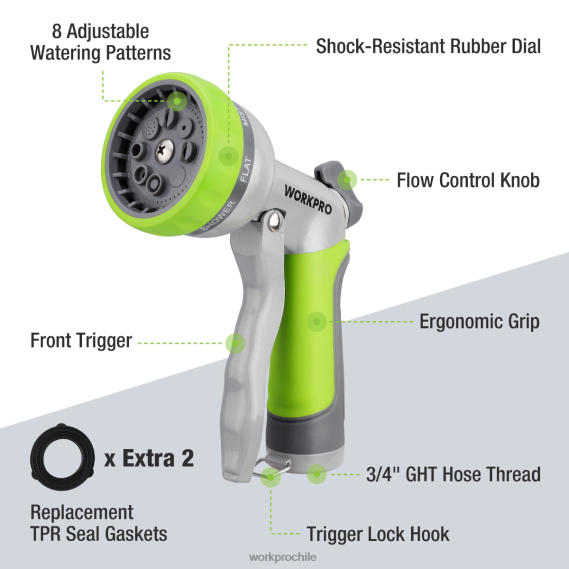 Rociador de boquilla de manguera de agua de alta presión para jardín con 8 patrones de riego ajustables y diseño de control con el pulgar WORKPRO JDN8Z288 útil herramienta