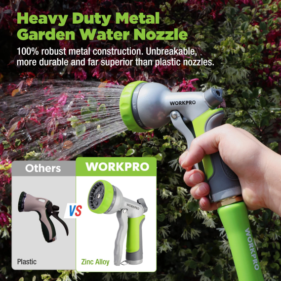 Rociador de boquilla de manguera de agua de alta presión para jardín con 8 patrones de riego ajustables y diseño de control con el pulgar WORKPRO JDN8Z288 útil herramienta