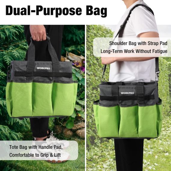 bolso de mano de jardín resistente y estable, con 10 bolsillos y correa larga ajustable para el hombro WORKPRO JDN8Z281 útil herramienta