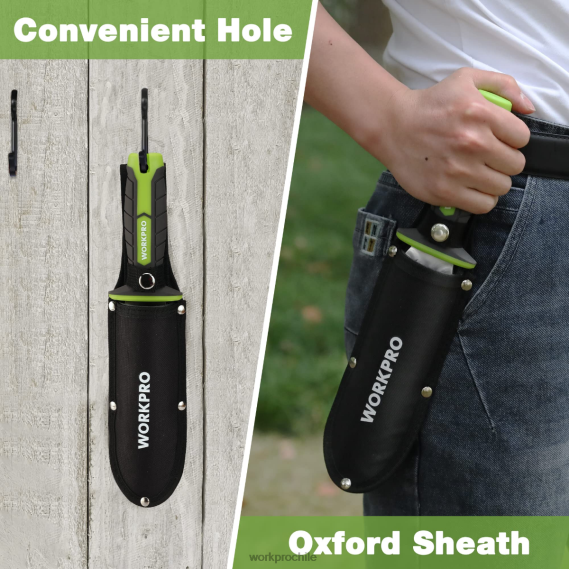 Cuchillo de jardín con funda Oxford, hoja de acero inoxidable con filo. WORKPRO JDN8Z283 verde/rosa herramienta