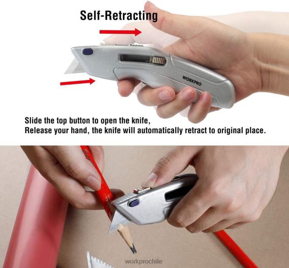 Cuchillo multiusos retráctil y caja de seguridad autoretráctil con 2 hojas adicionales incluidas. WORKPRO JDN8Z41 moderno herramienta