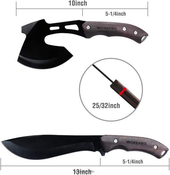 Juego combinado de hacha con mango de madera de espiga completa y cuchillo de hoja fija con funda de nailon WORKPRO JDN8Z48 útil herramienta