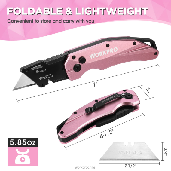 Navaja multiusos plegable de aluminio, incluye 10 hojas adicionales. WORKPRO JDN8Z54 rosa herramienta