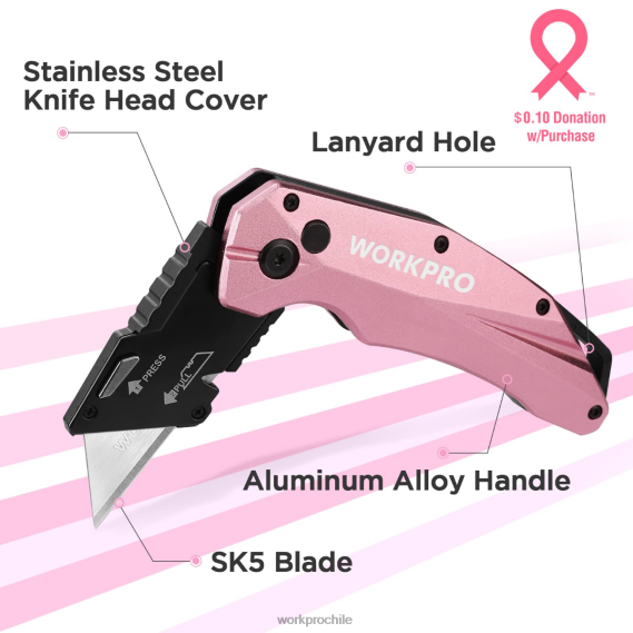 Navaja multiusos plegable de aluminio, incluye 10 hojas adicionales. WORKPRO JDN8Z54 rosa herramienta
