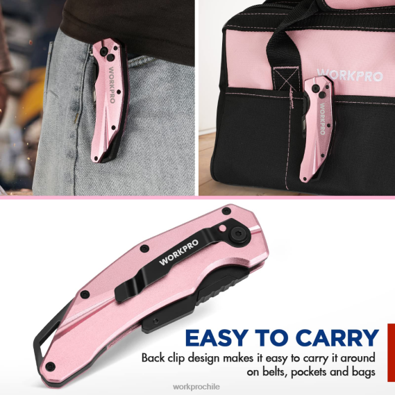Navaja multiusos plegable de aluminio, incluye 10 hojas adicionales. WORKPRO JDN8Z54 rosa herramienta