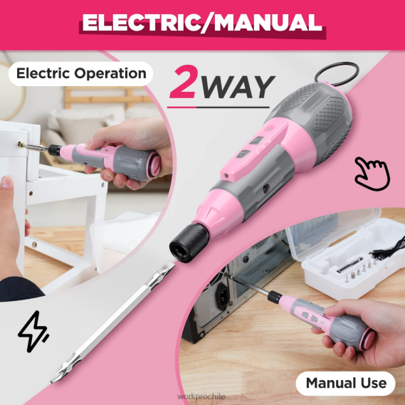 Kit de destornillador inalámbrico con batería de iones de litio recargable por USB de 4v WORKPRO JDN8Z236 rosa/blanco herramienta
