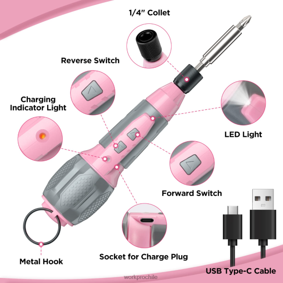 Kit de destornillador inalámbrico con batería de iones de litio recargable por USB de 4v WORKPRO JDN8Z236 rosa/blanco herramienta