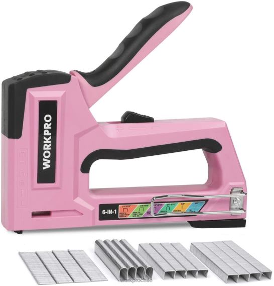 Pistola de clavos para tapicería, clavadora manual 6 en 1 WORKPRO JDN8Z59 rosa/gris herramienta