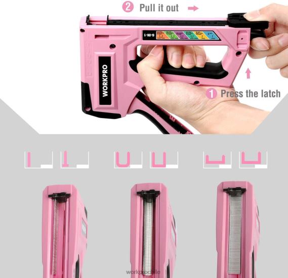 Pistola de clavos para tapicería, clavadora manual 6 en 1 WORKPRO JDN8Z59 rosa/gris herramienta
