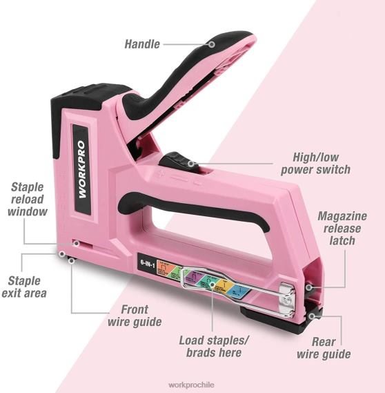 Pistola de clavos para tapicería, clavadora manual 6 en 1 WORKPRO JDN8Z59 rosa/gris herramienta