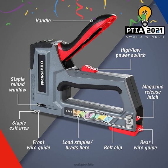 Pistola de clavos para tapicería, clavadora manual 6 en 1 WORKPRO JDN8Z59 rosa/gris herramienta