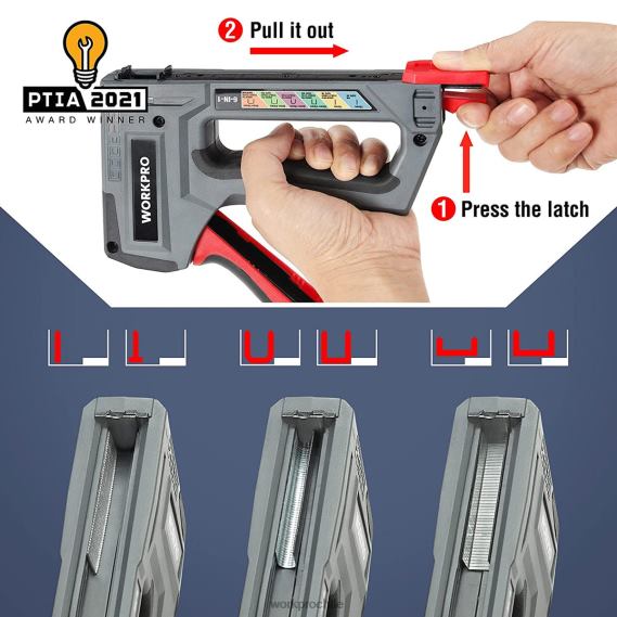 Pistola de clavos para tapicería, clavadora manual 6 en 1 WORKPRO JDN8Z59 rosa/gris herramienta