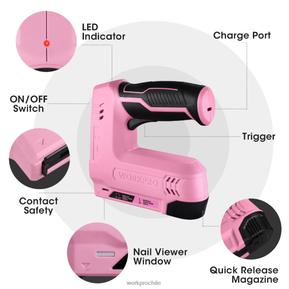 Pistola de grapas y clavos 2 en 1 inalámbrica eléctrica con batería de 3,6 v 2,0 Ah WORKPRO JDN8Z265 rosa/gris herramienta