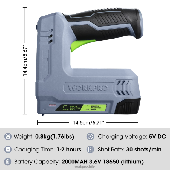 Pistola de grapas y clavos 2 en 1 inalámbrica eléctrica con batería de 3,6 v 2,0 Ah WORKPRO JDN8Z265 rosa/gris herramienta