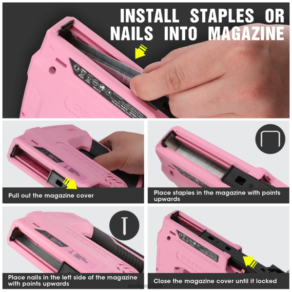 Pistola de grapas y clavos 2 en 1 inalámbrica eléctrica con batería de 3,6 v 2,0 Ah WORKPRO JDN8Z265 rosa/gris herramienta