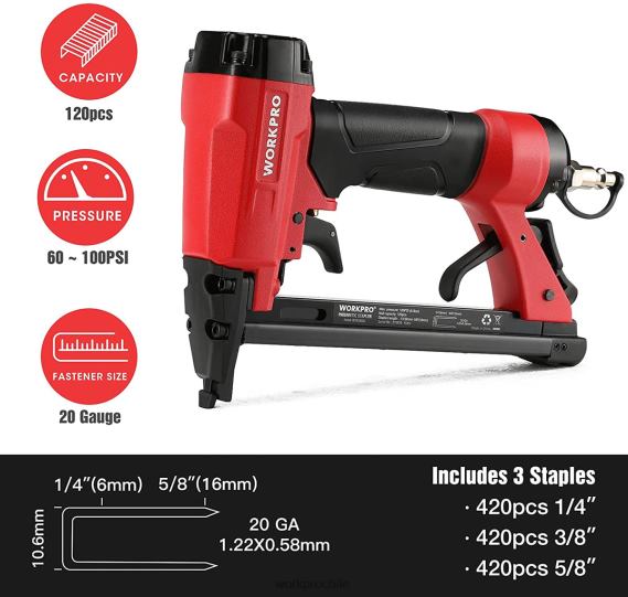 Pistola grapadora neumática de calibre 20 para carpintería y proyectos de bricolaje. WORKPRO JDN8Z61 útil herramienta