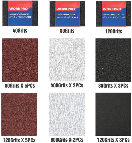 24 paquetes de papel de lija de grano surtido 80-600 con soporte WORKPRO JDN8Z150 útil herramienta