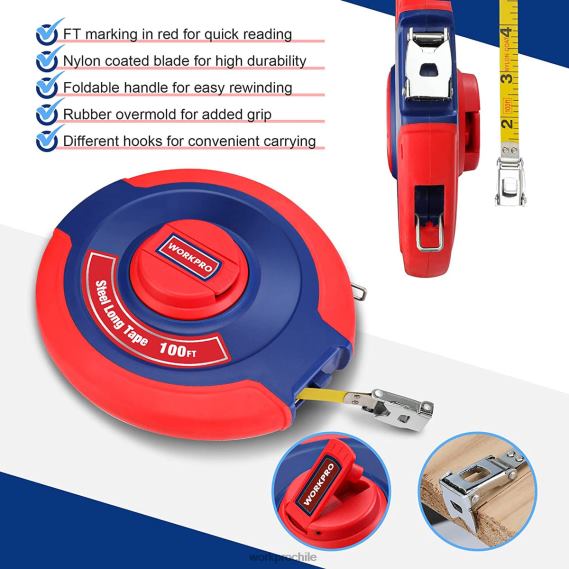 Cinta métrica de 100 pies, cinta larga de acero con carrete cerrado y mango plegable, estuche resistente a los golpes WORKPRO JDN8Z106 nuevo herramienta