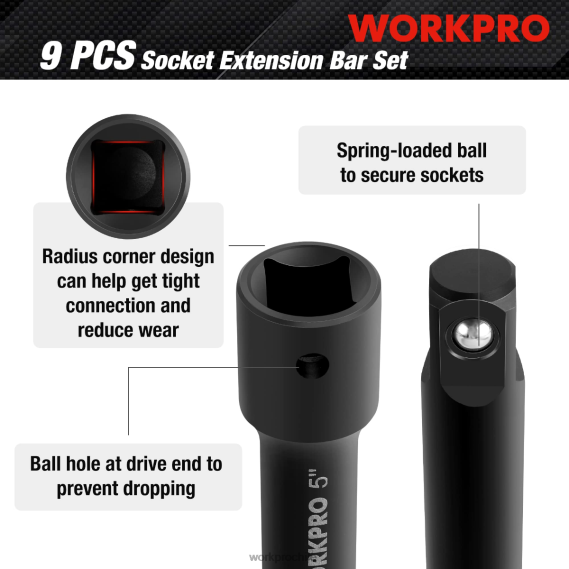 Juego de barras de extensión de controlador de impacto de 9 piezas WORKPRO JDN8Z141 moderno herramienta