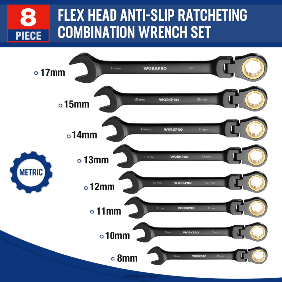 Juego de llaves antideslizantes de cabeza flexible con combinación de trinquete de 8 piezas WORKPRO JDN8Z80 moderno herramienta