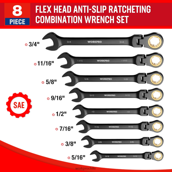 Juego de llaves antideslizantes de cabeza flexible con combinación de trinquete de 8 piezas WORKPRO JDN8Z80 moderno herramienta